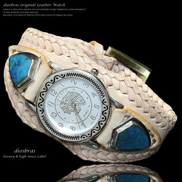 画像3: 【diosbras-ディオブラス-】本革サドルレザー カスタムウォッチ レザーウォッチ ターコイズ  コンチョ 腕時計 シルバー925 ヌメ革 バイカー 牛革時計 インディアン バッファロー フェザー ナチュラル ヌメ革【SA】