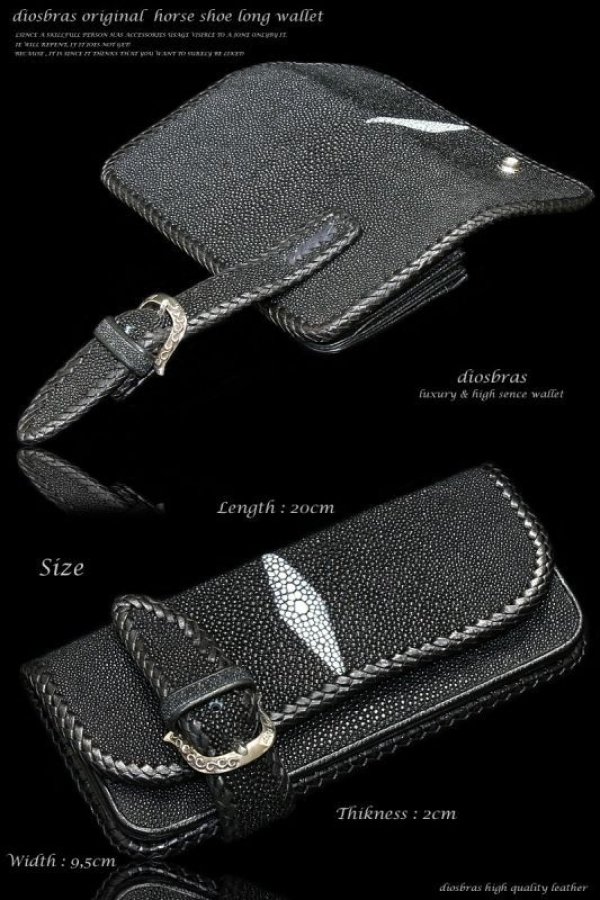 画像4: 【diosbras-ディオブラス-】本革 エイ革 スティングレイ スティングレー バイカーズウォレット 馬蹄  バックル ホースシュー 財布 レザーウォレット ロングウォレット ウォレット バイカー 長財布 牛革 シルバー925コンチョ 長財布【EI】【ブラック・黒】