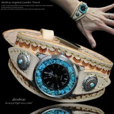 画像1: 【diosbras-ディオブラス-】本革サドルレザー　バイカーズウォッチ　牛革時計　ターコイズフェイス　Mサイズ コンチョ　シルバー９２５　ヌメ革　レザーウォッチ【SA】 (1)
