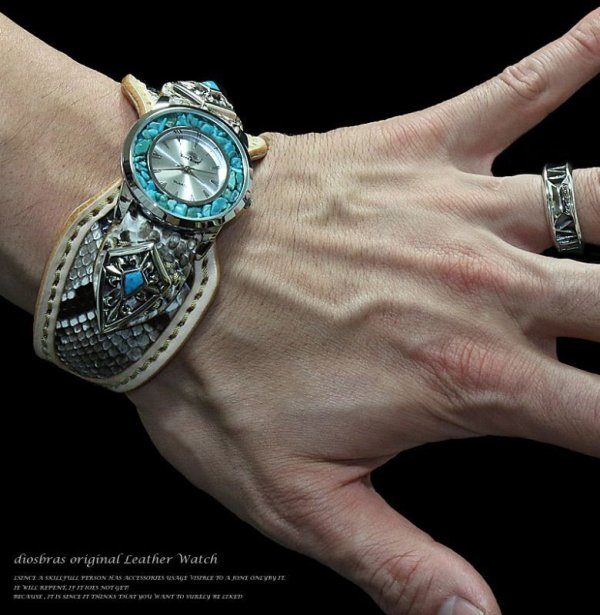 画像3: 【diosbras-ディオブラス-】本革サドルレザー&パイソン カスタムウォッチ レザーウォッチ ターコイズ  コンチョ 腕時計 シルバー925 ヌメ革 バイカー 牛革時計 インディアン バッファロー フェザー ナチュラル ヌメ革 【PY】