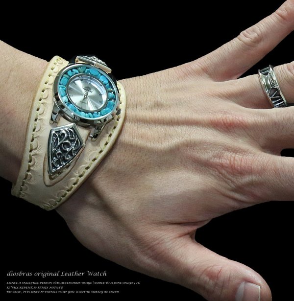 画像3: 【diosbras-ディオブラス-】本革サドルレザー カスタムウォッチ レザーウォッチ ターコイズ  コンチョ 腕時計 シルバー925 ヌメ革 バイカー 牛革時計 インディアン バッファロー フェザー ナチュラル ヌメ革 【SA】