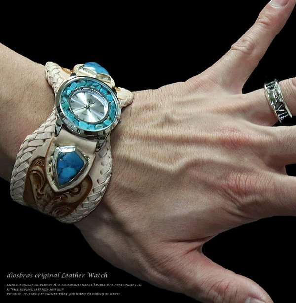 画像3: 【diosbras-ディオブラス-】本革サドルレザー手彫りカービング カスタムウォッチ レザーウォッチ コンチョ 腕時計 シルバー925 ヌメ革 バイカー 牛革時計  ナチュラル ヌメ革 【CPA】