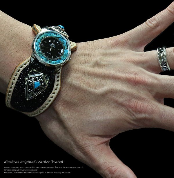 画像3: 【大特価！！】【全国送料無料】【diosbras-ディオブラス-】本革サドルレザー＆スティングレイ　エイ革　カスタムウォッチ　レザーウォッチ　ターコイズ　 コンチョ　腕時計　シルバー９２５　ヌメ革　バイカー　牛革時計　インディアン　バッファロー　フェザー　ナチュラル　ヌメ革　【EI】