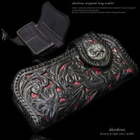 【diosbras-ディオブラス】透かし彫りカービングINレッドパイソン　赤蛇　レザーウォレット　バイカーウォレット　コンチョ　本革サドルレザー　財布　シルバー９２５ ブラック　黒【CPA】