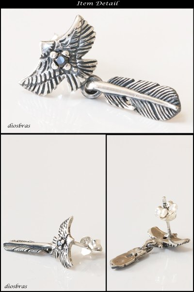 画像2: 【メンズピアス】【シルバーアクセサリー】【シルバーピアス】●バラ売り（片耳のみ）■シャープでキレイめハードな横顔に！フェザー　イーグル　ブラック ジルコニア (2)