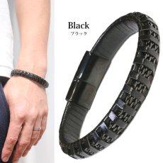 画像3: レザー ブレスレット　編み込み　2連ステンレスチェーン　ブロックチェック編み　メッシュ ツイン レザーブレスレット 本革 レザー メンズ レディース 革 ペアブレスレット ペア ブレスレット バックル ステンレス 金属アレルギー ≪メール便送料無料≫ (3)