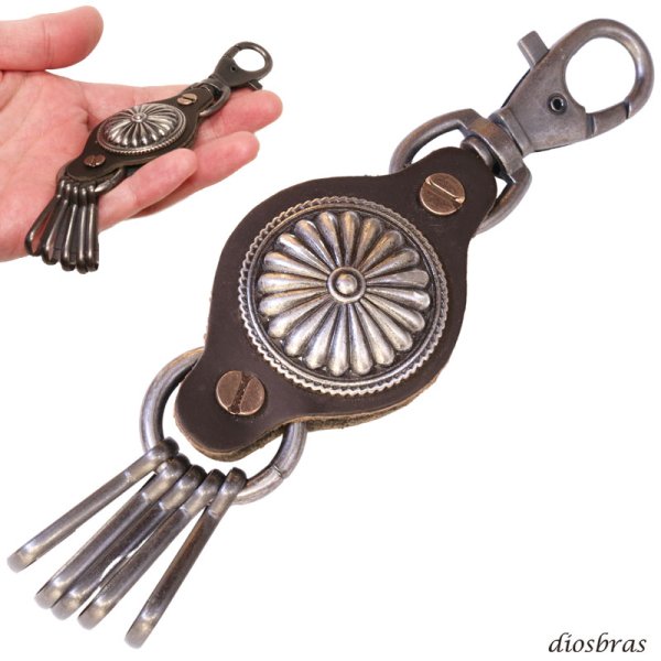 画像1: キーホルダー キーフック　キーチェーン　シルバー カラビナ レザー　ナバホ　インディアンジュエリー　ネイティブアメリカン　革　レザー編み込み　亜鉛合金製　アンティークシルバー　釣り針フック ウォレット　財布　バイカー　ライダース　【メール便送料無料】 (1)
