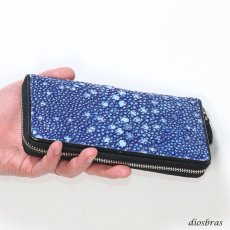 画像2: 財布 ラウンドファスナー スティングレイ メンズ レディース 本革 スティングレー スター エイ革 梅花皮 かいらぎ イバラエイ ウォレット ガルーシャ ラウンド ジッパー スタースティングレー レザーウォレット ロングウォレット バイカー 長財布 牛革 ハンドメイド ネイビーブルー (2)