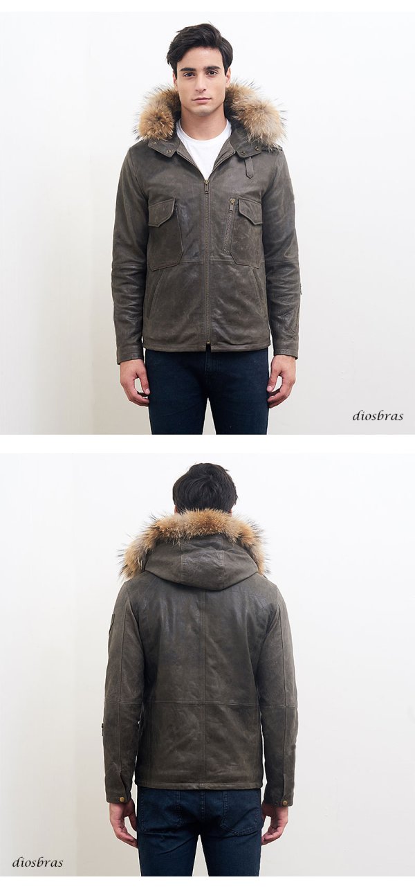 画像3: 最強   本革 羊革 羊皮 ヌーバック ラム シープ スキン レザー ダウン ジャケット ラクーンファー フード フーデット　フーディースポーティ  ライダース バイカー メンズ レザー メンズ ブラック ブラウン レザージャケット  シープ タイト  diosbras-ディオブラス