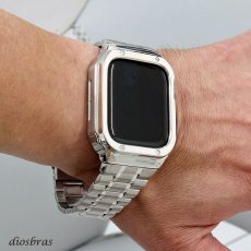 画像2: アップルウォッチ  バンド ステンレス ケース　カバー 一体型 バンド ラバー apple watch 高級ベルト ケースバンド メンズ ベルト ステンレス 44mm 40mm 41mm 45mm 一体型 おしゃれ 腕時計 クロコダイル レザーストラップ (2)