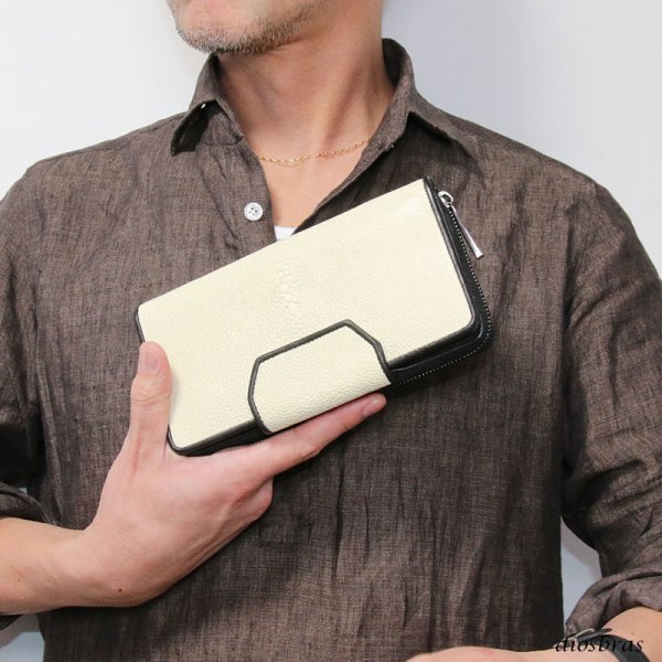 画像17: 財布 スティングレイ ガルーシャ 財布 スティングレー エイ革 ラウンドファスナー メンズ レディース 本革 エイ革 大人気 ウォレット ラウンド ジッパー ＺＩＰＰＥＲ ヌメ革 レザーウォレット ロングウォレット バイカー 長財布 牛革 紳士 婦人 バニラホワイト