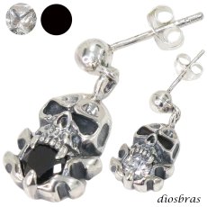 画像1: ピアス スカル ジルコニア 王冠 クラウン ドロップ ピアス アクセサリー 本物シルバー９２５ スカルヘッド  片方ピアス メンズ レディース (1)