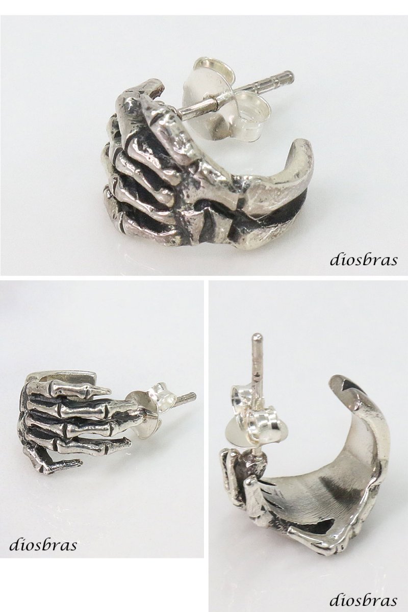 画像2: ピアス スカル ボーン 骸骨 ハンド フープ リング シルバー９２５ メンズ レディース 激安ピアス アクセサリー スカルフープ 本物シルバー９２５ 片方ピアス (2)