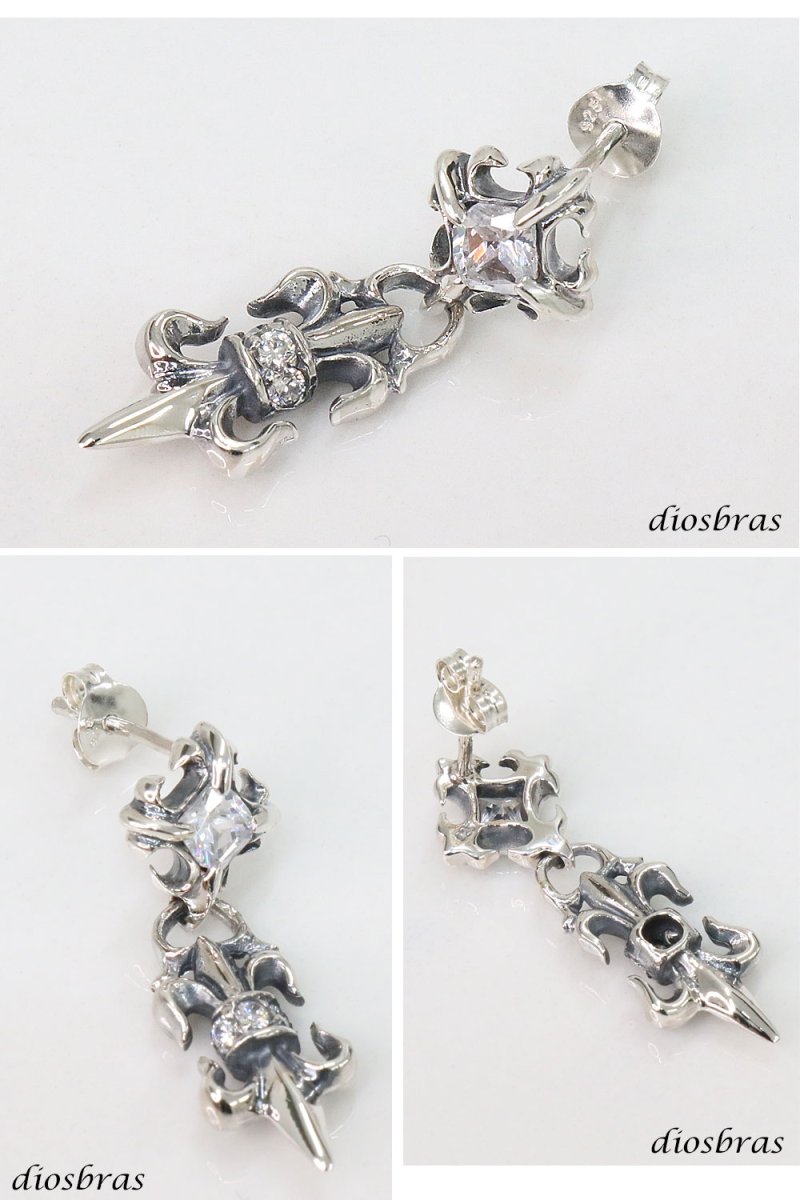画像2: メンズピアス シルバーアクセサリー シルバーピアス ジルコニア バラ売り 片耳のみ シャープでキレイめハードな横顔に   メンズ アクセサリー ピアス クロス 十字架 フレア リリー 百合 ユリの紋章 ナイフ 剣 (2)