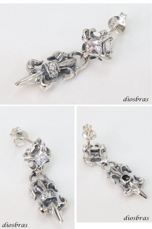 画像2: メンズピアス シルバーアクセサリー シルバーピアス ジルコニア バラ売り 片耳のみ シャープでキレイめハードな横顔に   メンズ アクセサリー ピアス クロス 十字架 フレア リリー 百合 ユリの紋章 ナイフ 剣
