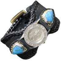 diosbras-ディオブラス- 本革サドルレザーカービング カスタムウォッチ レザーウォッチ ターコイズ  コンチョ 腕時計 シルバー９２５ ヌメ革 バイカー 牛革時計 インディアン バッファロー フェザー 黒 ブラック