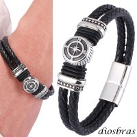 レザー ブレスレット 羅針盤 編み込み 2連ステンレスチェーン ブロック編み メッシュ ツイン レザーブレスレット 本革 レザー メンズ レディース 革 ペアブレスレット ペア ブレスレット バックル ステンレス 金属アレルギー  メール便送料無料