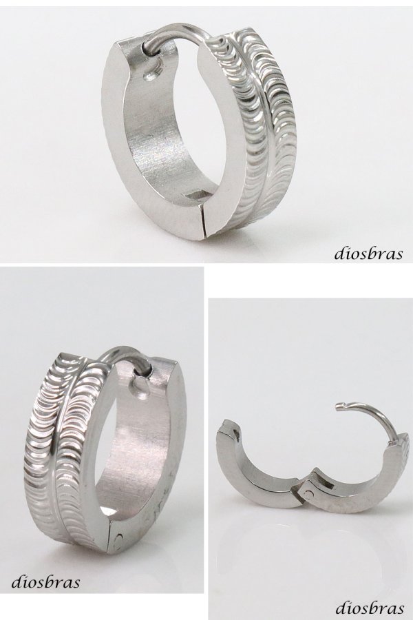 画像2: ステンレス フープピアス 彫刻デザイン シルバー 金属アレルギー対応 メタル素材 シンプル 小さめ フープ リング 輪っか ピアス メンズ アクセサリー レディース 中折れ式 13mm