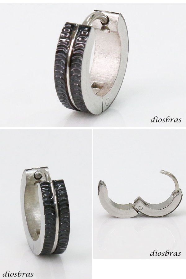 画像2: ステンレス フープピアス 彫刻デザイン ブラック加工 シルバー 金属アレルギー対応 メタル素材 シンプル 小さめ フープ リング 輪っか ピアス メンズ アクセサリー レディース 中折れ式 13mm