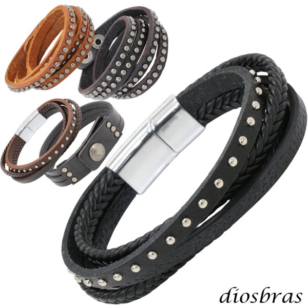 画像1: ブレスレット メンズ レザー ブレス スタッズ 3重 2重 2連ブレス クロス プレート インフィニティ 無限  選べる♪全5種類 本革 革 バングル レザーブレスレット レザーブレス アメカジ系 サロン系 キレカジ系 に♪ ピューター製 メール便なら送料無料