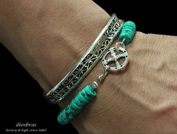 画像4: diosbras-ディオブラス ターコイズ グリーン フェザー ブレスレット ブレス メンズ ネイティブ  羽 ターコイズ オニキス シルバー９２５ チェーン メディスンホイール フェザー