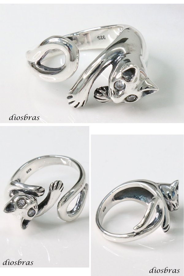 画像2: ネコ　巻き付き 猫　フリーサイズ リング　ジルコニア　シルバー925 シルバーリング  メンズ　レディース  ホワイト シンプル　スターリングシルバー ゴシック 指輪 ring silver925 銀 シルバーアクセサリー 男性 女性 レディース  シンプル ピンキー