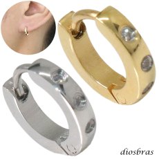 画像1: ステンレス フープピアス  3連ジルコニア シルバー ゴールド 金属アレルギー対応 メタル素材 シンプル 小さめ フープ  輪っか ピアス アクセサリー メンズ レディース 中折れ式 9mm (1)