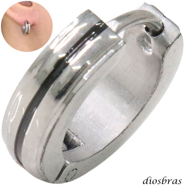 画像1: ステンレス フープピアス ブラック加工 シルバー 金属アレルギー対応 メタル素材 シンプル 小さめ フープ ループ リング 輪っか ピアス メンズ アクセサリー レディース 中折れ式 13mm