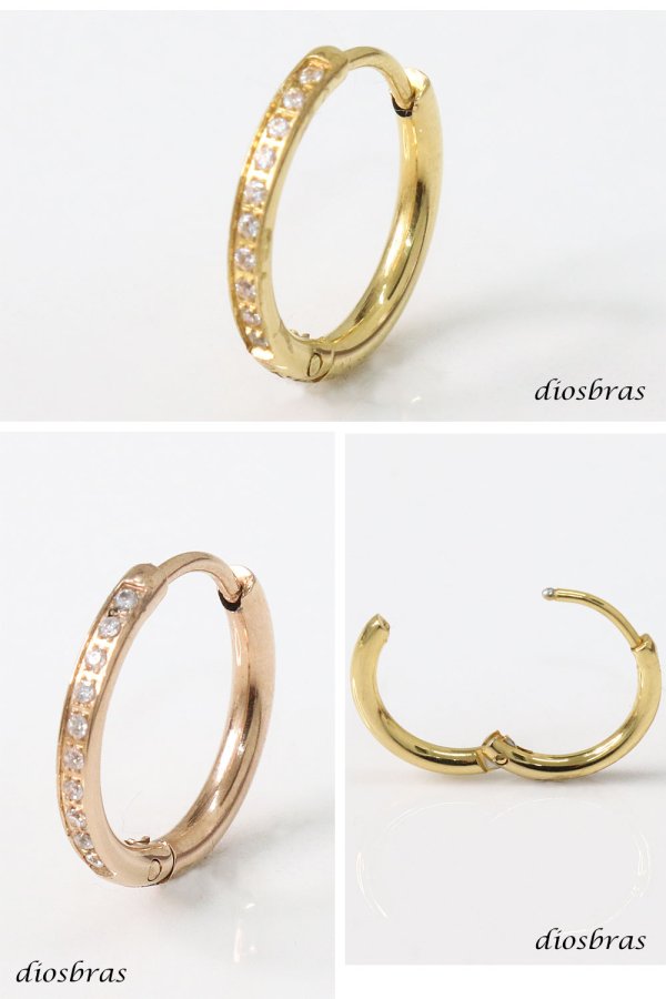 画像4: ステンレス フープピアス ゴールド ローズゴールド ジルコニア 金属アレルギー対応 メタル素材 シンプル 小さめ フープ ループ リング 輪っか ピアス アクセサリー メンズ レディース 中折れ式 ゴールド ローズゴールド 16mm
