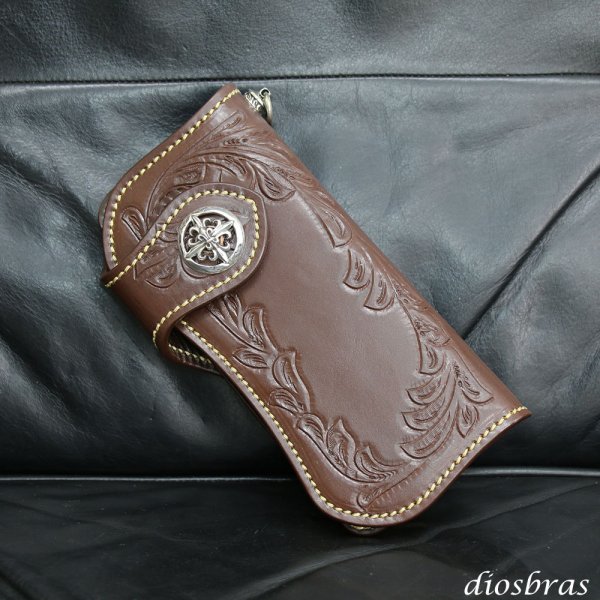 画像2: 【diosbras-ディオブラス】本革サドルレザーカービングウォレット  アラベスク　カービングバイカーズウォレット　長財布/ロングウォレット　牛革財布　シルバー９２５コンチョヌメ革サイフwallet【CG】