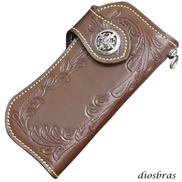画像1: 【diosbras-ディオブラス】本革サドルレザーカービングウォレット  アラベスク　カービングバイカーズウォレット　長財布/ロングウォレット　牛革財布　シルバー９２５コンチョヌメ革サイフwallet【CG】