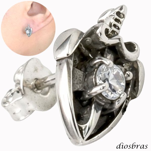 画像1: ダガー　クロス ピアス シルバー９２５  クロス 十字架 エンブレム 片方ピアス メンズ レディース ブリリアンカット 多角カッティング リングデザイン シルバー９２５ フープピアス 極小クロス ダイヤモンド ジルコニア