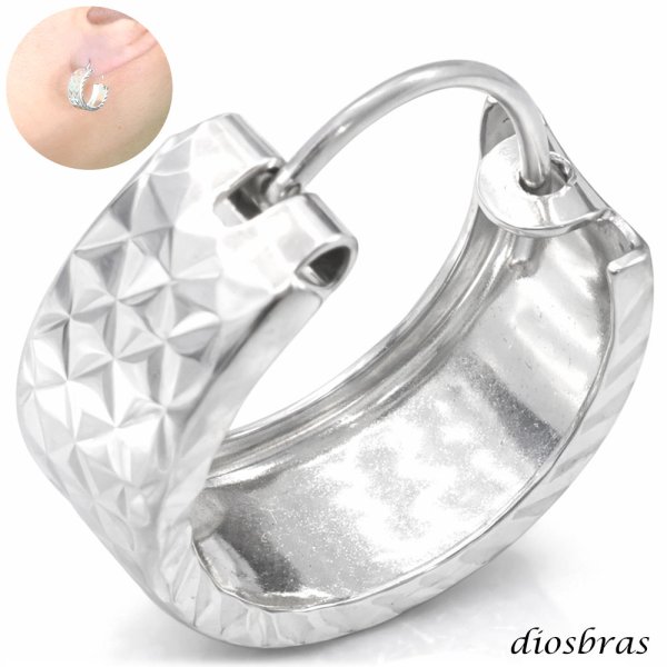 画像1: フープピアス  リング ピアスダイヤモンドカット シルバーエッジ　カット ９２５ ピアス メンズ レディース フープ 本物シルバー９２５ 片方ピアス メンズ レディース 鏡面 ミラーカット 15mm