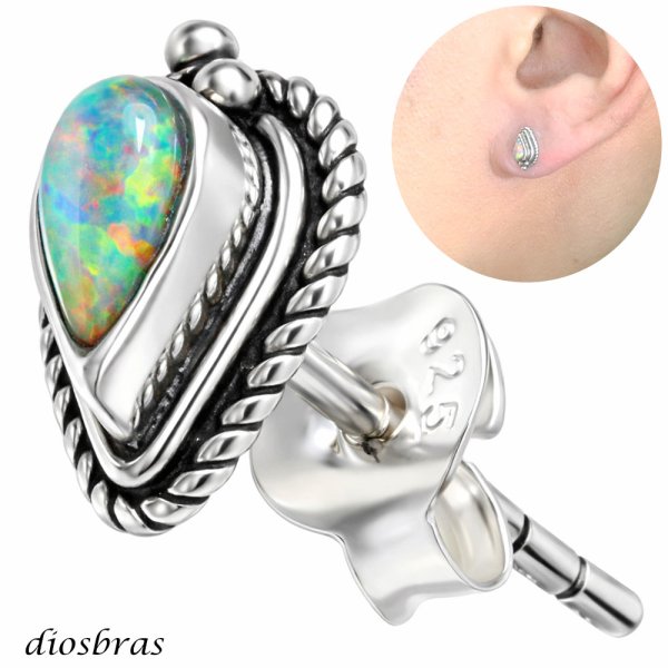 画像1: オパール ピアス イミテーションオパール ワンポイント しずく 雫 本物シルバー925  ピアス 片方 パワーストーン ピアス片耳 片方販売ピアス メンズ レディース イヤリング