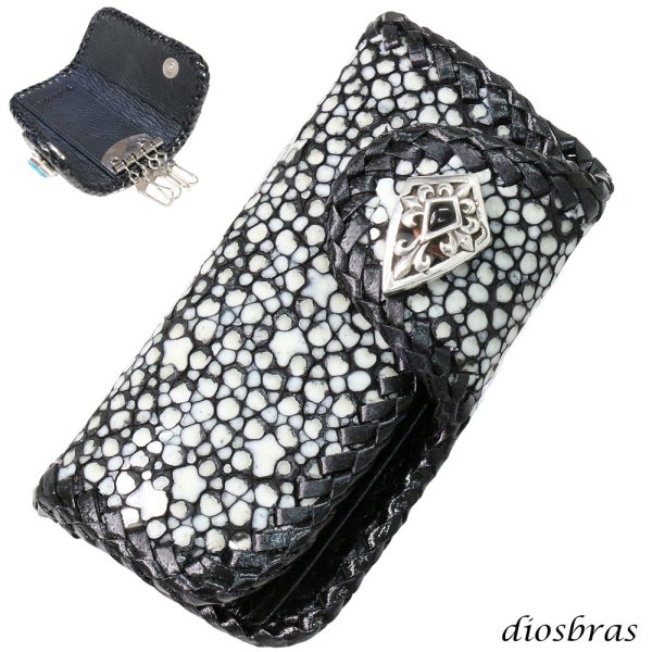 画像1: キーケース　４連　ガルーシャ　スティングレイ メンズ レディース 本革 スティングレー スター エイ革 梅花皮 かいらぎ イバラエイ ガルーシャ   スタースティングレー バイカー 牛革 ハンドメイド　コンチョ