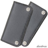 長財布 クロス トラッカーウォレット シルバー925製 コンチョ 十字架 レザーウォレット 革財布 本革 レザー シュリンクレザー かぶせ財布 ウォレット ハンドメイド 牛革 レディース おしゃれ スリム メンズ長財布  男性 女性 メンズ財布 ファスナー カード収納 大容量