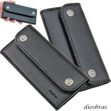 画像1: 長財布 クロス トラッカーウォレット シルバー925製 コンチョ 十字架 レザーウォレット 革財布 本革 レザー シュリンクレザー かぶせ財布 ウォレット ハンドメイド 牛革 レディース おしゃれ スリム メンズ長財布  男性 女性 メンズ財布 ファスナー カード収納 大容量 (1)