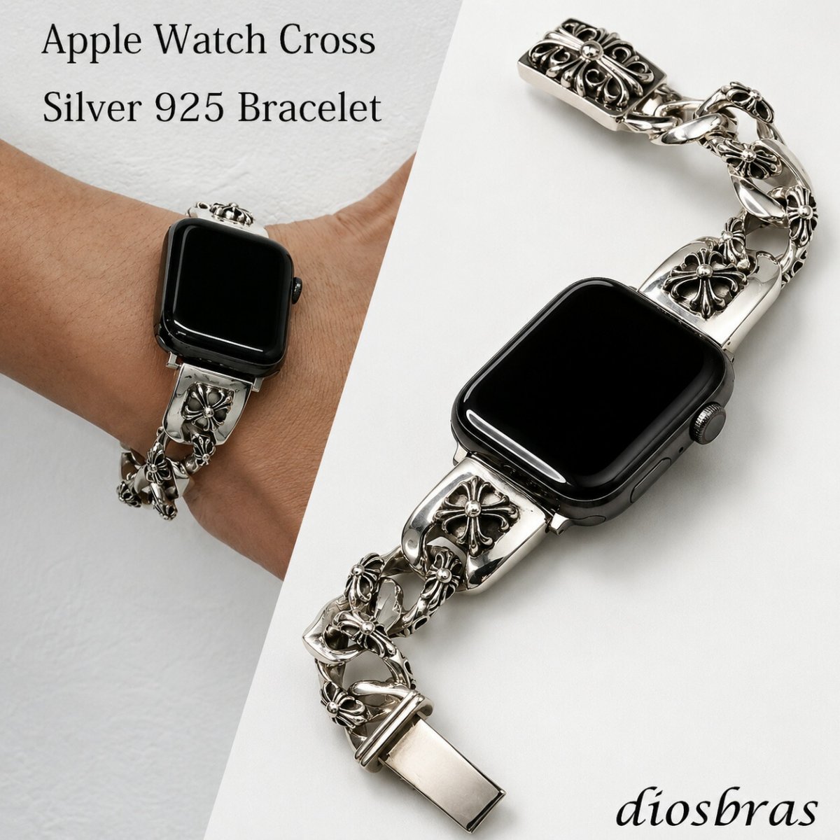 画像1: アップルウォッチ  シルバー925 バンド  ブレス　クロス　十字架  メンズ apple watch  高級 一体型 　高級ベルト ベルト 44mm 45mm  46mm 49mm シリーズ10  おしゃれ (1)