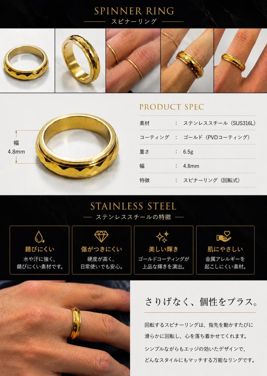 画像5: ステンレス  リング  エッジライン  スピナー 回転リング ブリリアントカット リング シルバー 金属アレルギー対応 光沢 リング アクセサリー メンズ レディース (5)