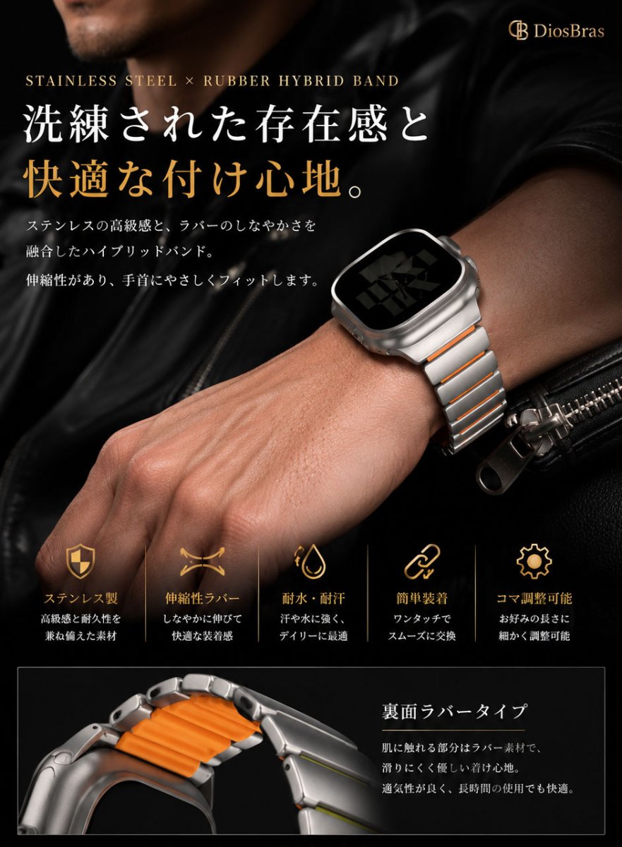 画像5: アップルウォッチ バンド  ベルト apple watch ステンレス バンド 49mm 44mm/45mm/46ｍｍ ULTRA ウルトラ バンド ベルト ラバーバンド 高級  RUBBER おしゃれ マグネットバックル バタフライバックル ブラック オレンジ メンズ  スポーツ　シリコン   6 /7/8/ULTRA/SE (5)