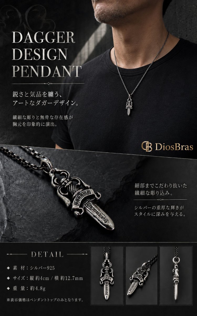 画像3: シルバー925 ダガー 剣  ペンダント バイカー クリアジルコニア ペンダント   メンズ シルバーネックレス シルバーアクセ ペンダントトップ ハード (3)