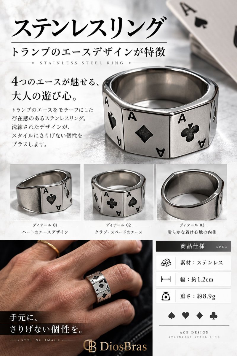 画像3: トランプ リング メンズ 指輪 ステンレス エース リング  鏡面 ボリューム 重厚感 メンズ 指輪 メンズ アクセサリー シルバーリング シルバーアクセサリー メンズ (3)