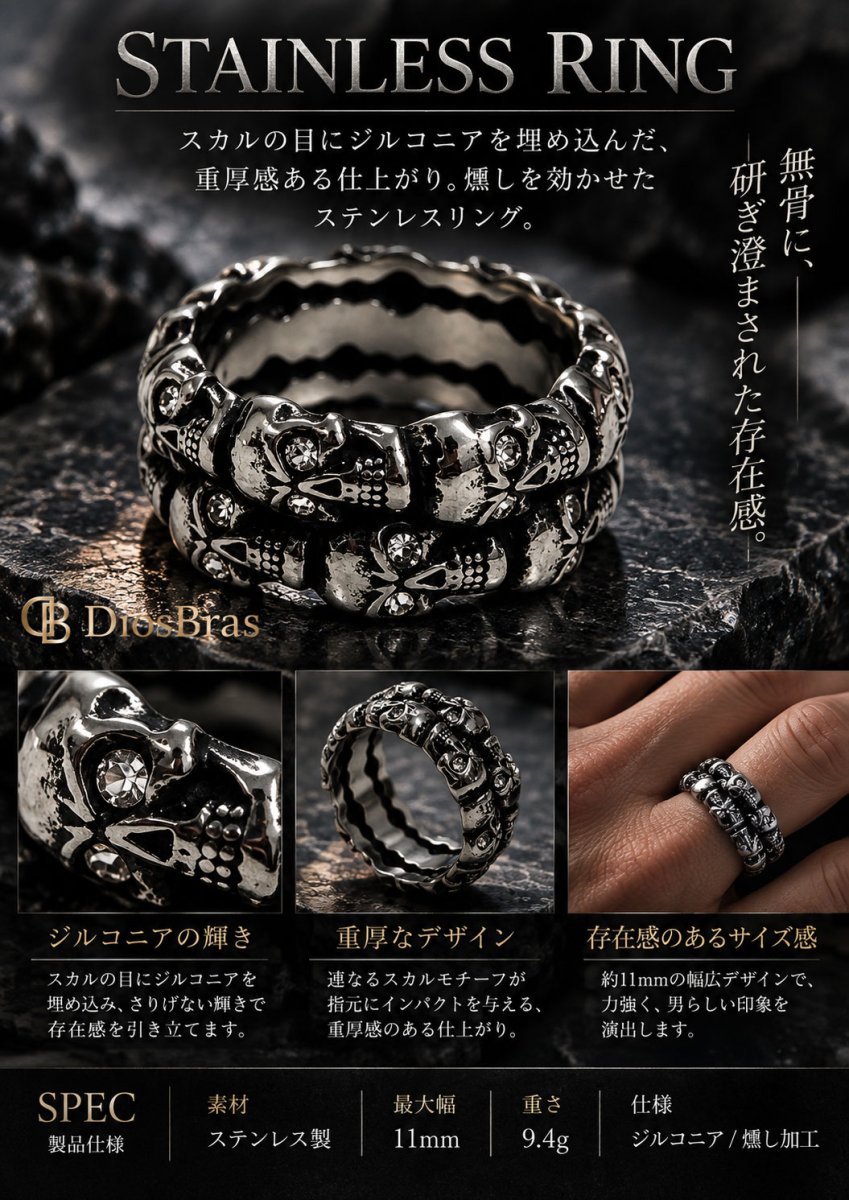 画像3: スカル ステンレス  リング 燻し スカルヘッド ジルコニア シルバー 金属アレルギー対応 アクセサリー メンズ レディース (3)