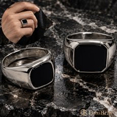 画像1: リング ステンレス ブラックアゲート オニキス スクエア 四角 印台 プレーン シルバー 金属アレルギー対応 光沢 アクセサリー メンズ レディース プレーン (1)