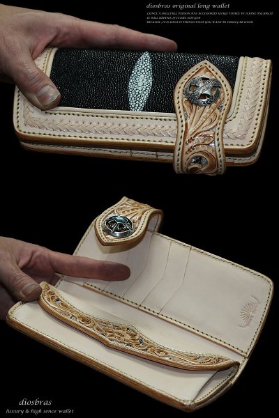 画像2: 【大特価!!】【全国送料無料】【diosbras-ディオブラス-】透かし彫りカービングINパイソン スティングレイ エイ革 スティングレー バイカーズウォレット 財布 レザーウォレット ロングウォレット バイカー ヌメ革 長財布 シルバー925コンチョ クロス メッシュ【SA】 (2)