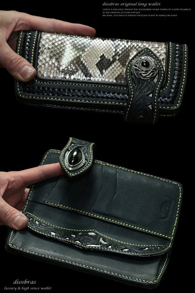 画像2: 【OUTLET SALE】【diosbras-ディオブラス-】透かし彫りカービングINパイソン 蛇 パイソン革 ヘビ バイカーズウォレット 財布 レザーウォレット ロングウォレット バイカー ヌメ革 長財布 シルバー925コンチョ クロス メッシュ【PY】【CPA】【SA】 (2)