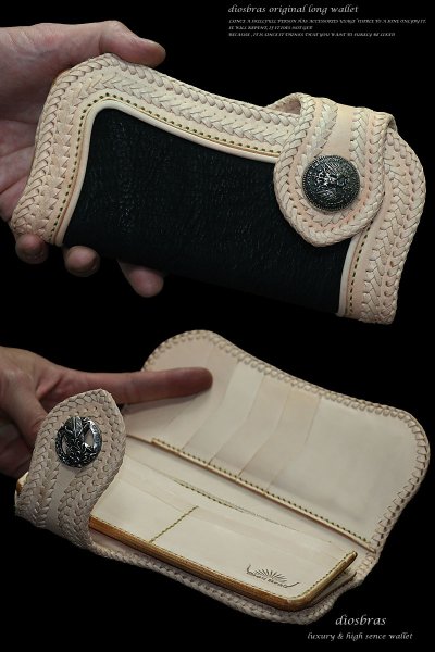 画像2: 【大特価!!】【全国送料無料】【diosbras-ディオブラス-】本革サドルレザーバイカーズウォレット 財布 レザーウォレット ロングウォレット シャークスキン サメ革 鮫革 クロス メッシュ バイカー ヌメ革 長財布 /牛革財布シルバー925コンチョ/長財布【SK】 (2)