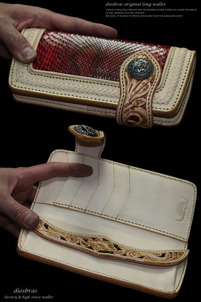 画像2: 【大特価!!】【全国送料無料】【diosbras-ディオブラス-】透かし彫りカービングINパイソン 赤蛇 ヘビ バイカーズウォレット 財布 レザーウォレット ロングウォレット バイカー ヌメ革 長財布 シルバー925コンチョ クロス メッシュ【PY】【CPA】【SA】 (2)