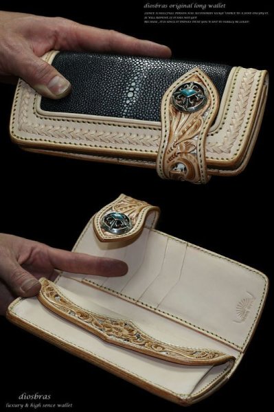 画像2: 【大特価!!】【全国送料無料】【diosbras-ディオブラス-】透かし彫りカービングINパイソン カット スティングレイ エイ革 スティングレー バイカーズウォレット 財布 レザーウォレット ロングウォレット バイカー ヌメ革 長財布 シルバー925コンチョ クロス メッシュ【CE】【CPA】【SA】 (2)