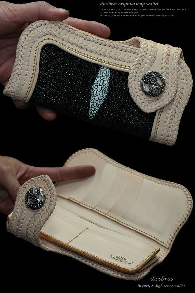 画像2: 【大特価!!】【全国送料無料】【diosbras-ディオブラス-】本革サドルレザーバイカーズウォレット 財布 スティングレイ エイ革 スティングレー  レザーウォレット ロングウォレット クロス メッシュ バイカー ヌメ革 長財布 /牛革財布シルバー925コンチョ/長財布【EI】 (2)